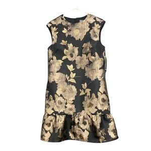 Donna Ricco New York Gold Black Floral Brocade Ruffle Drop‎ Waist Dress Sz 2 NEW